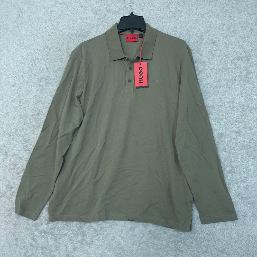 NWT HUGO Men's L Green Donoslong Polo Shirt Cotton Long Sleeve Casual